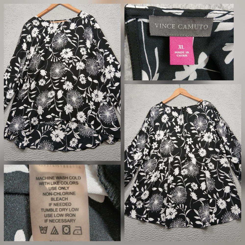 Vince Camuto Floral Blouse Women's‎ XL Black White Long Sleeve Top